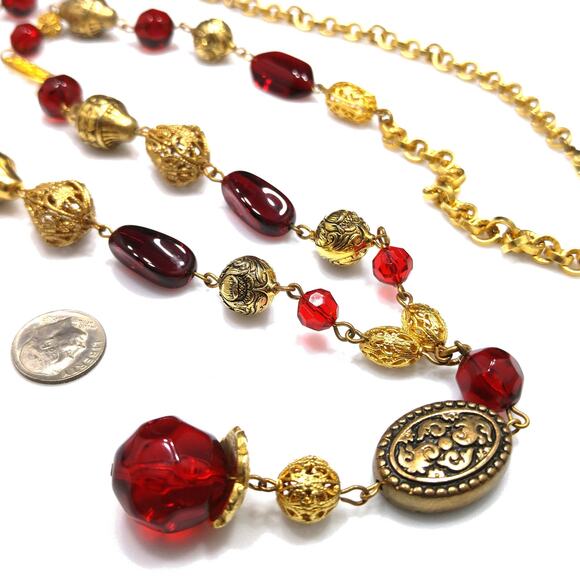 Vintage Long Tassel Necklace, Large Red Lucite & Filigree beads, Wire Wrapped - Picture 5 of 10